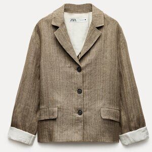ZARA Linen Beige Striped Blazer Size M